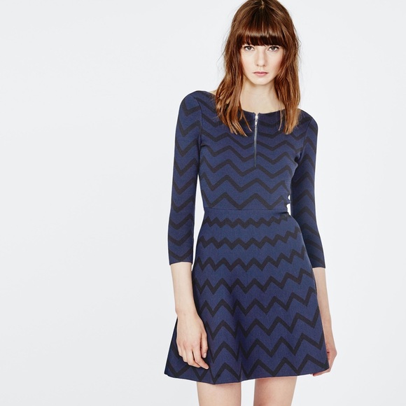 Maje Blue Romy Jaquard Knit Dress Chevron Sleeve 3/4 - Picture 1 of 4
